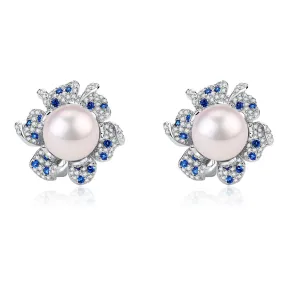 10-11mm Freshwater Pearl CZ Flower Earrings