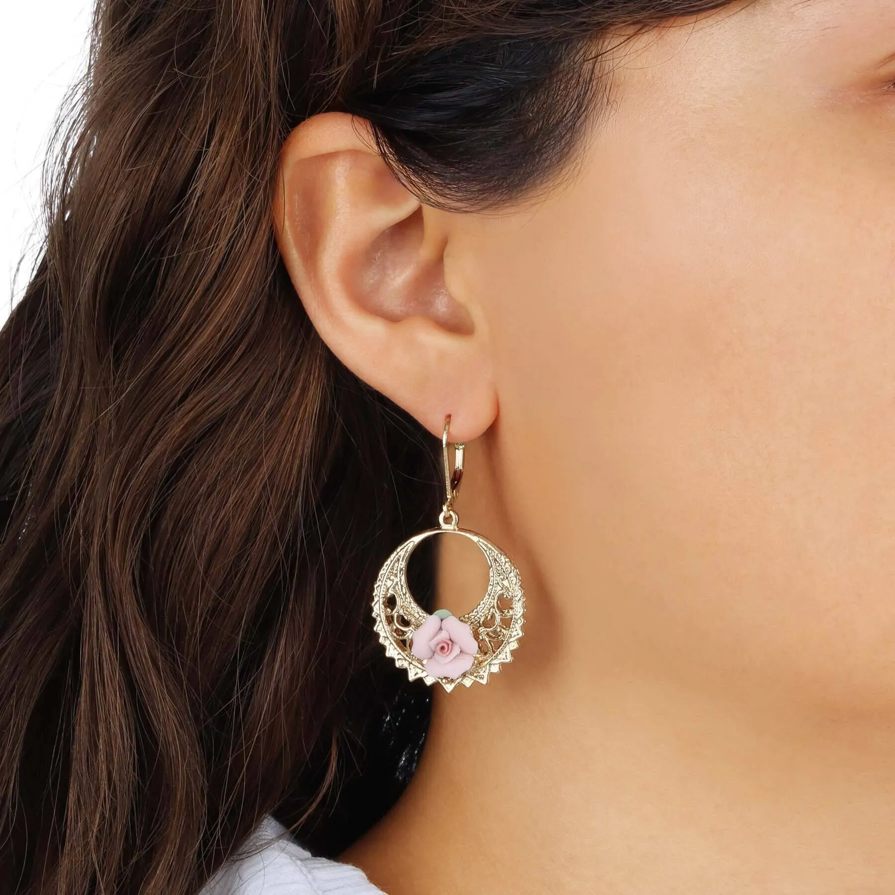 1928 Jewelry Pink Porcelain Rose Hoop Earrings
