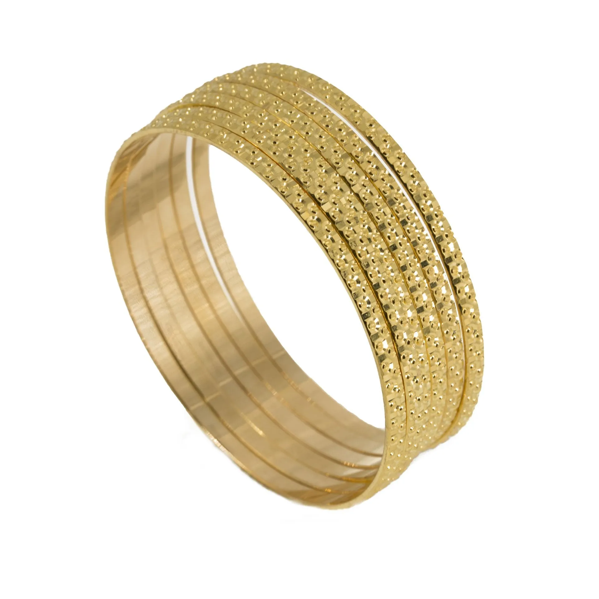 22K Yellow Gold Bangles, Set of 6 W/ Raised Laser Details, Size 2.1
