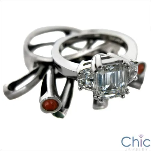 3 Stone 2 Ct Emerald Cut Half Moons Cubic Zirconia 14 K White Gold Ring