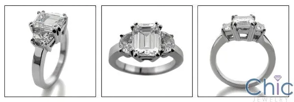 3 Stone 2 Ct Emerald Cut Half Moons Cubic Zirconia 14 K White Gold Ring