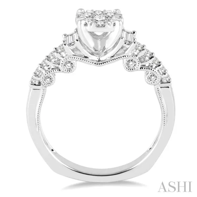 3/4 Ctw Round and Baguette Diamond Lovebright Engagement Ring in 14K White Gold