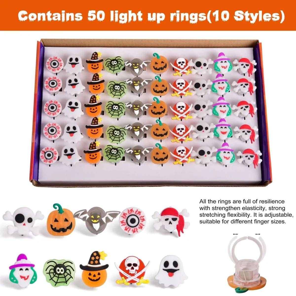 50 Pcs Halloween Party Favors: LED Rings for Kids - Wholesale