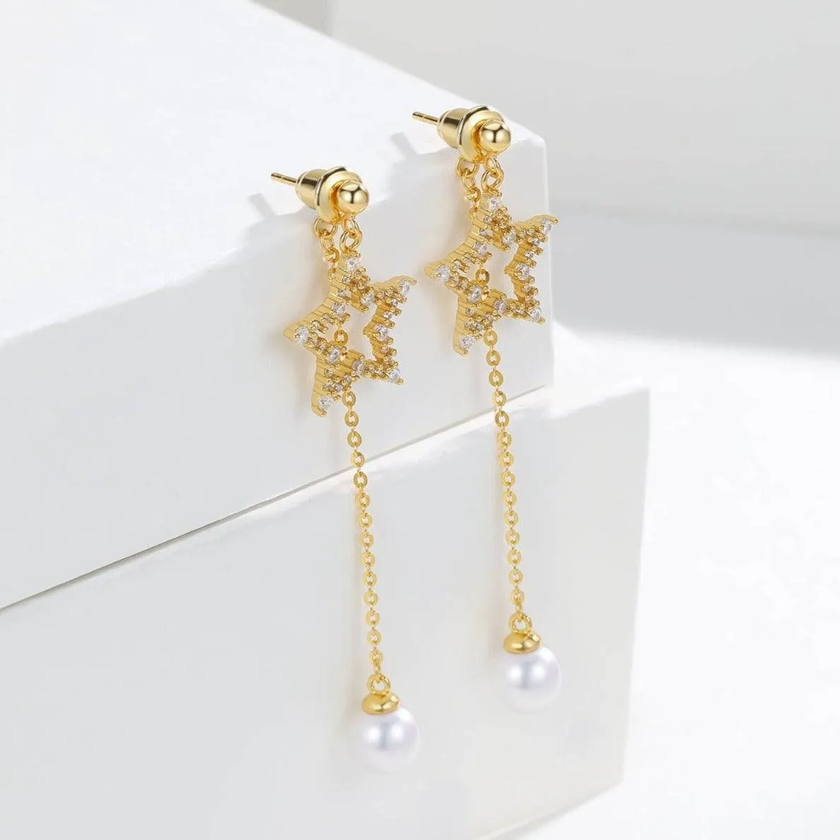 6-7mm Freshwater Akoya Pearl CZ Star Earrings
