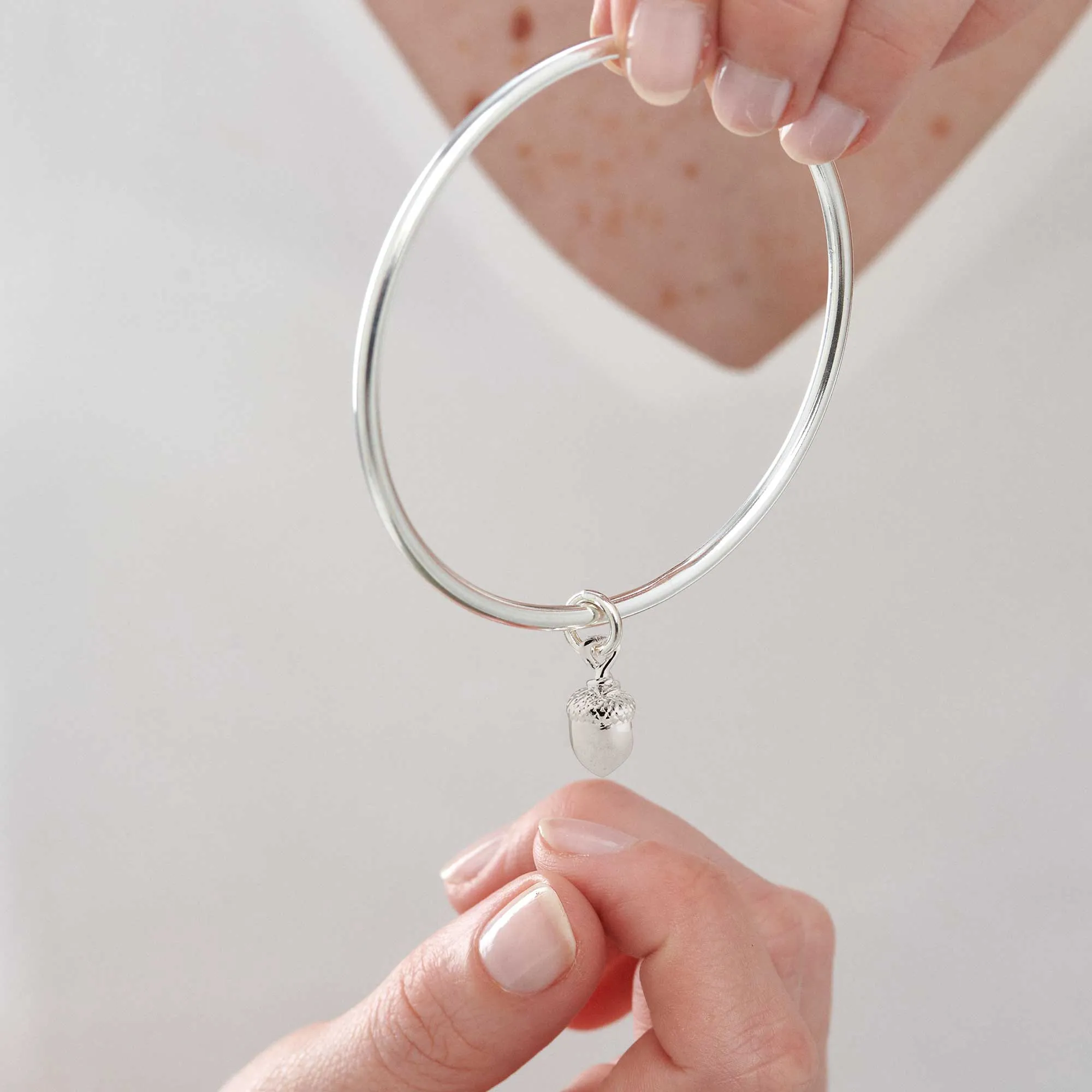 Acorn Silver Charm Bangle