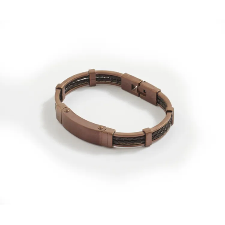 Antique Ion Plated Brown Stainless Steel Bracelet with Double Strand Braided Brown Leather