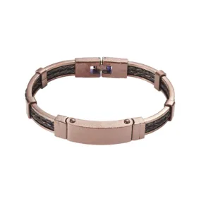 Antique Ion Plated Brown Stainless Steel Bracelet with Double Strand Braided Brown Leather