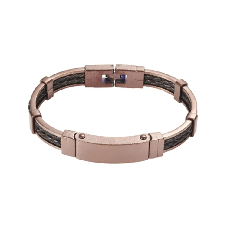 Antique Ion Plated Brown Stainless Steel Bracelet with Double Strand Braided Brown Leather