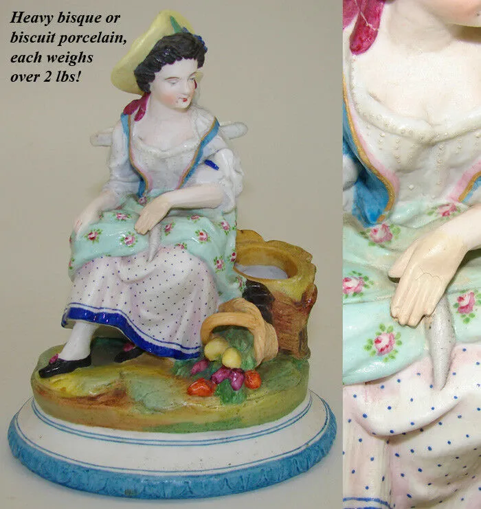 Antique Pair Old Paris Porcelain Figures, Man & Woman, Spill Vase or Cigar Stand