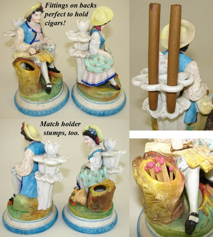 Antique Pair Old Paris Porcelain Figures, Man & Woman, Spill Vase or Cigar Stand