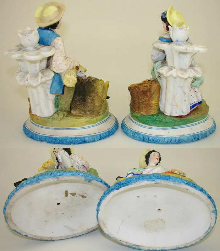 Antique Pair Old Paris Porcelain Figures, Man & Woman, Spill Vase or Cigar Stand
