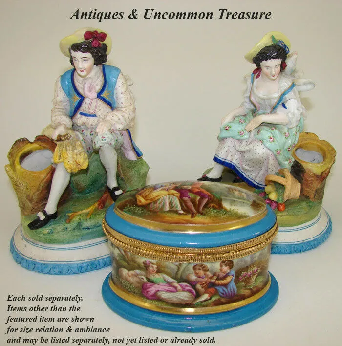 Antique Pair Old Paris Porcelain Figures, Man & Woman, Spill Vase or Cigar Stand