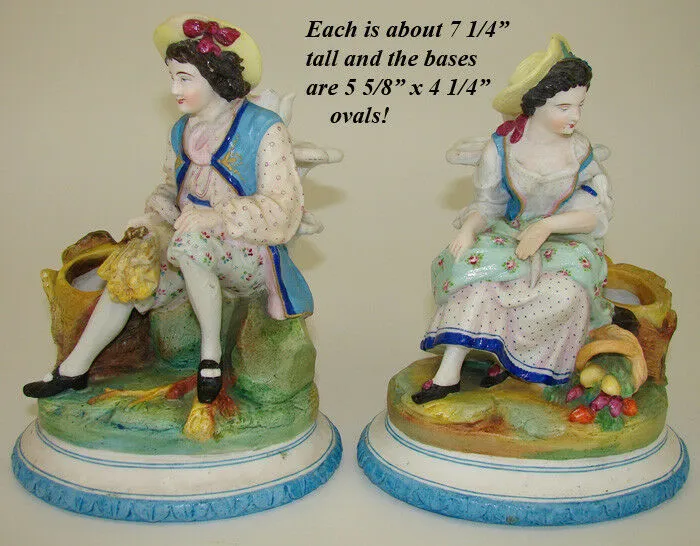 Antique Pair Old Paris Porcelain Figures, Man & Woman, Spill Vase or Cigar Stand