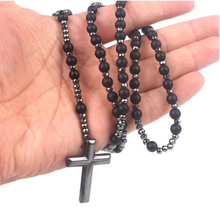 Assorted Stone Cross 6mm Assorted Beaded Rosary Necklace