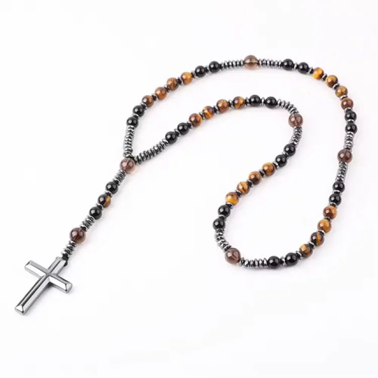 Assorted Stone Cross 6mm Assorted Beaded Rosary Necklace