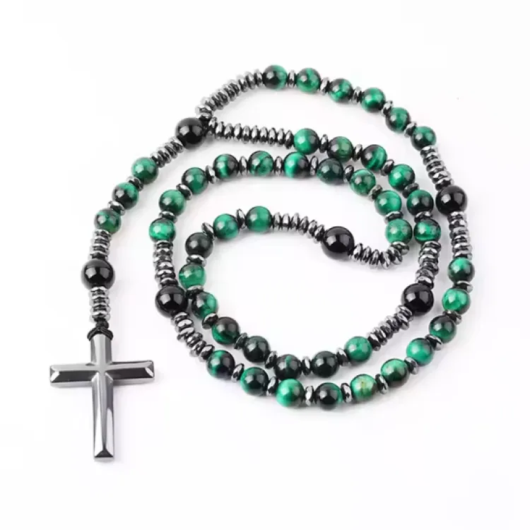 Assorted Stone Cross 6mm Assorted Beaded Rosary Necklace