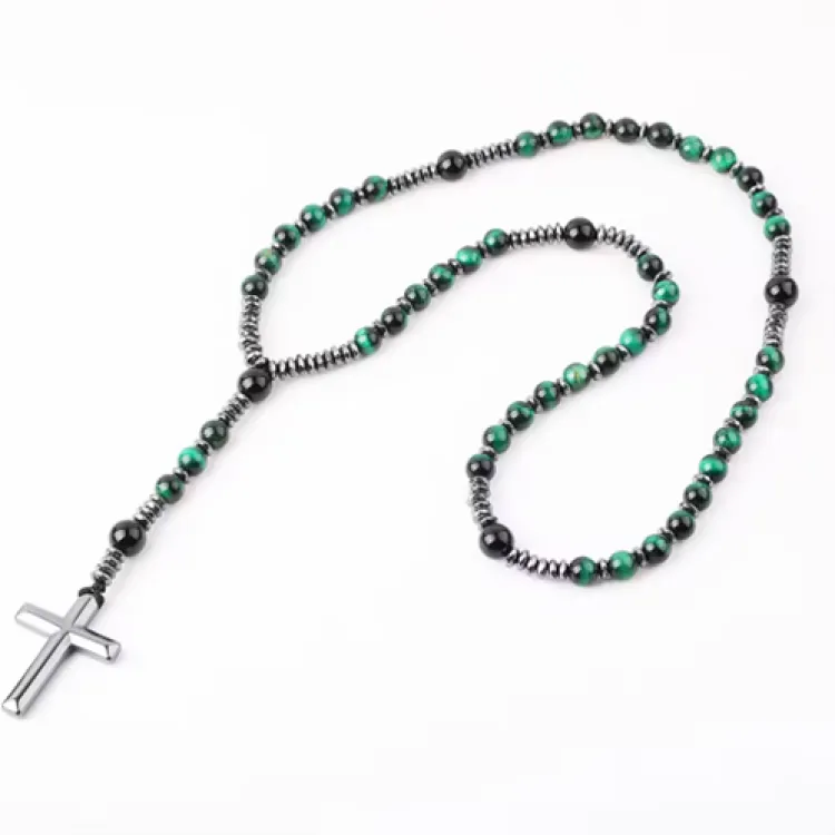 Assorted Stone Cross 6mm Assorted Beaded Rosary Necklace