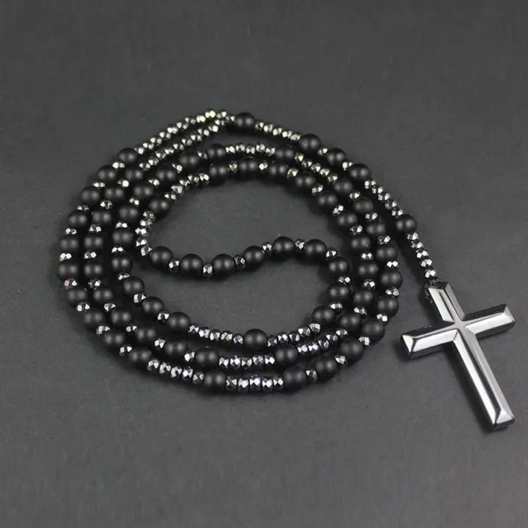 Assorted Stone Cross 6mm Assorted Beaded Rosary Necklace