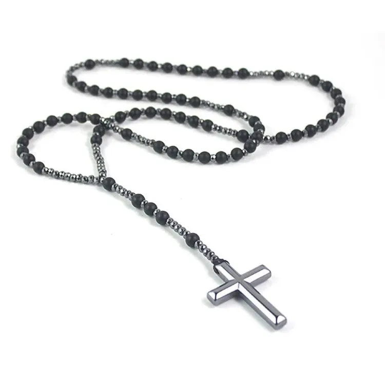 Assorted Stone Cross 6mm Assorted Beaded Rosary Necklace