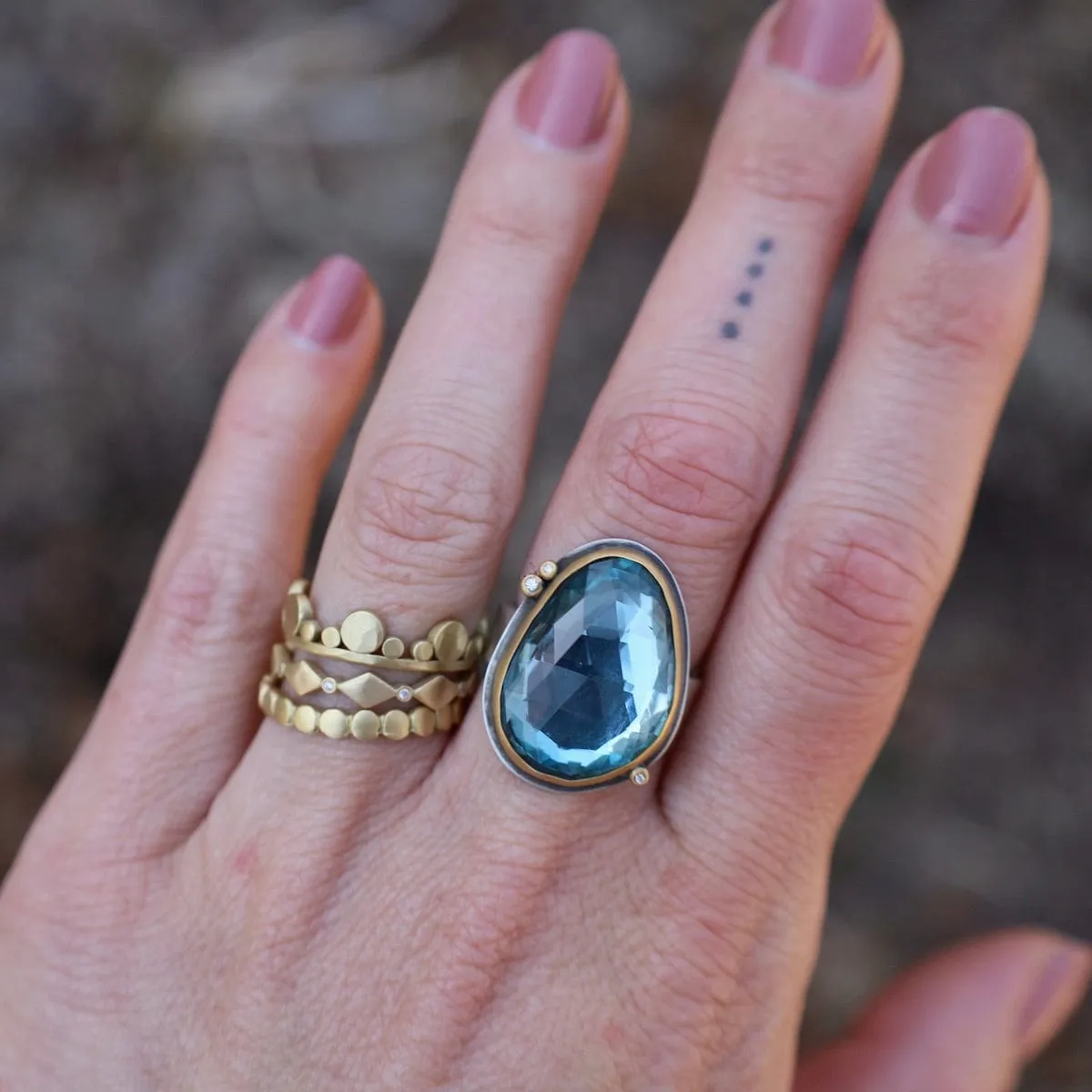 Bezel Set London Blue Topaz with Three Diamond Dot Ring