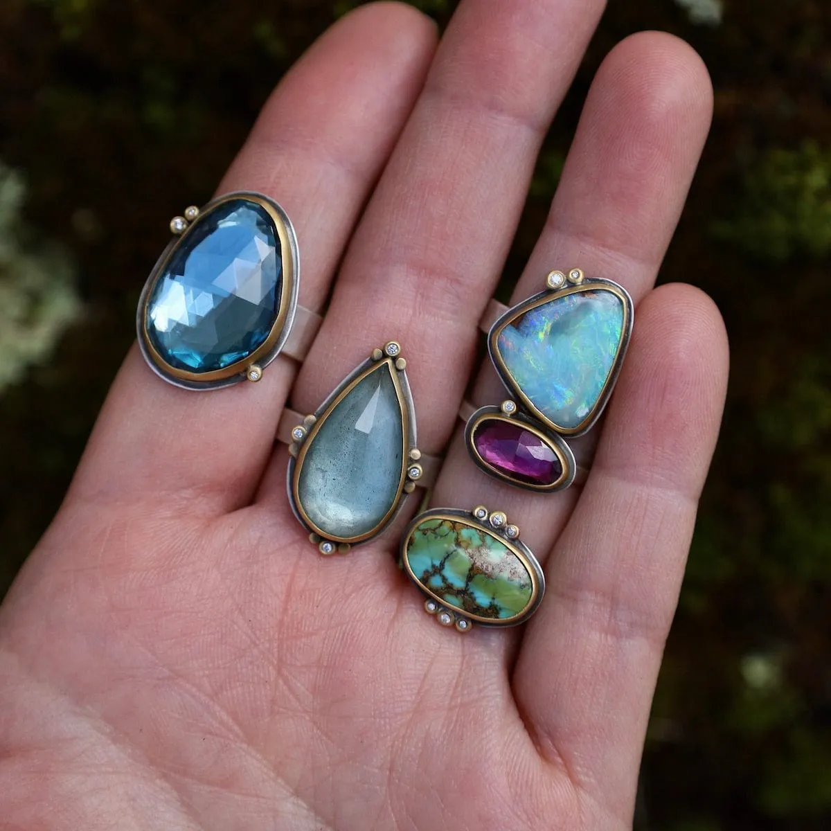 Bezel Set London Blue Topaz with Three Diamond Dot Ring