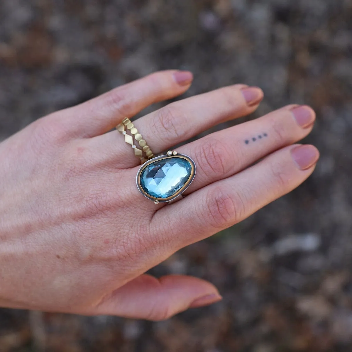 Bezel Set London Blue Topaz with Three Diamond Dot Ring