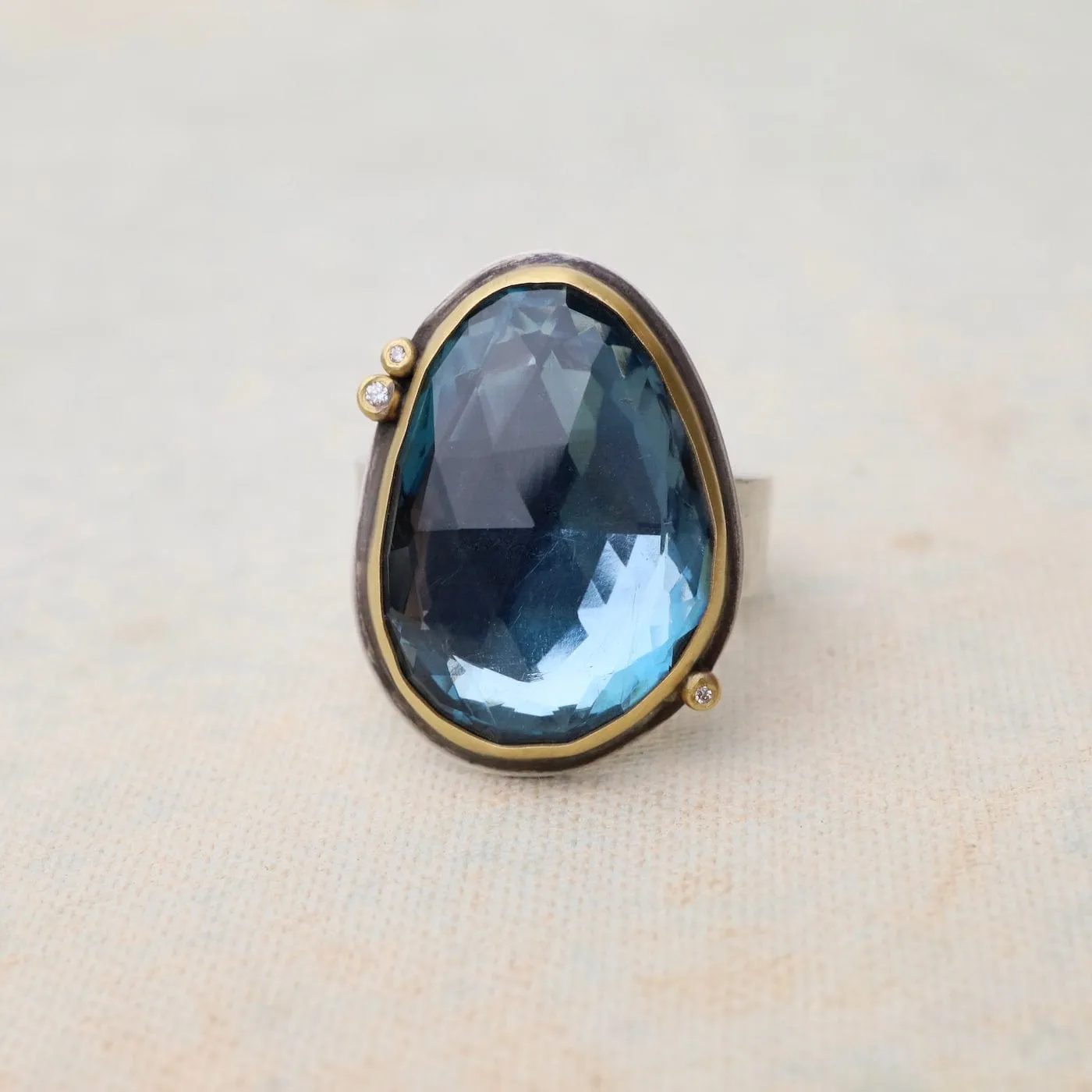 Bezel Set London Blue Topaz with Three Diamond Dot Ring