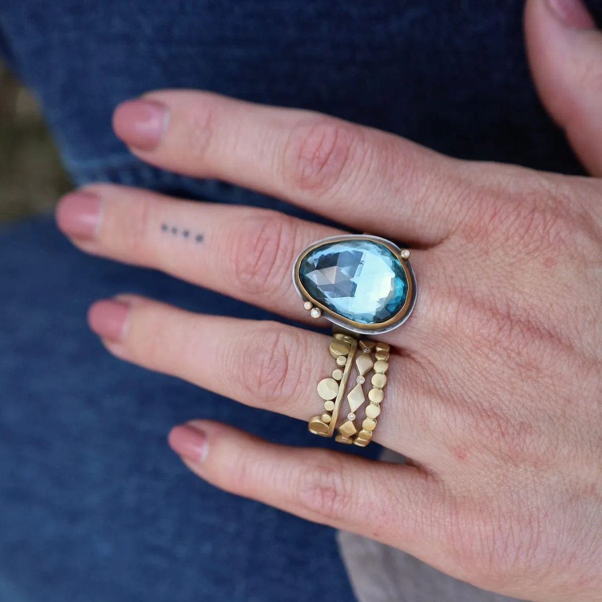Bezel Set London Blue Topaz with Three Diamond Dot Ring