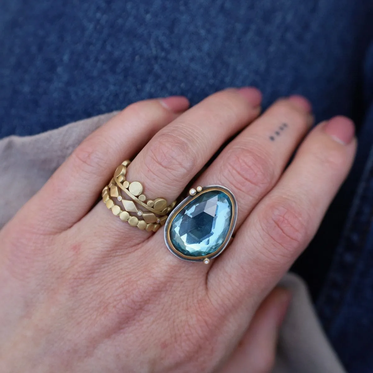 Bezel Set London Blue Topaz with Three Diamond Dot Ring
