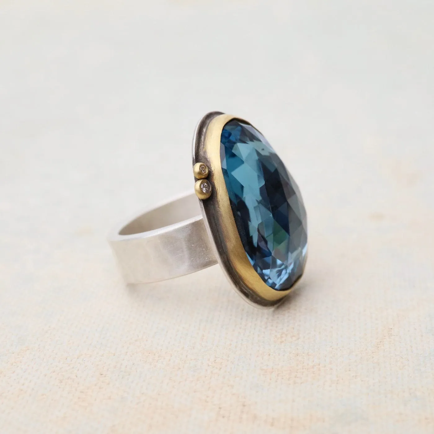 Bezel Set London Blue Topaz with Three Diamond Dot Ring