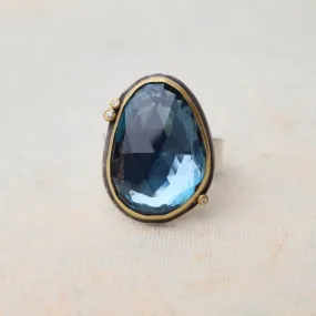 Bezel Set London Blue Topaz with Three Diamond Dot Ring