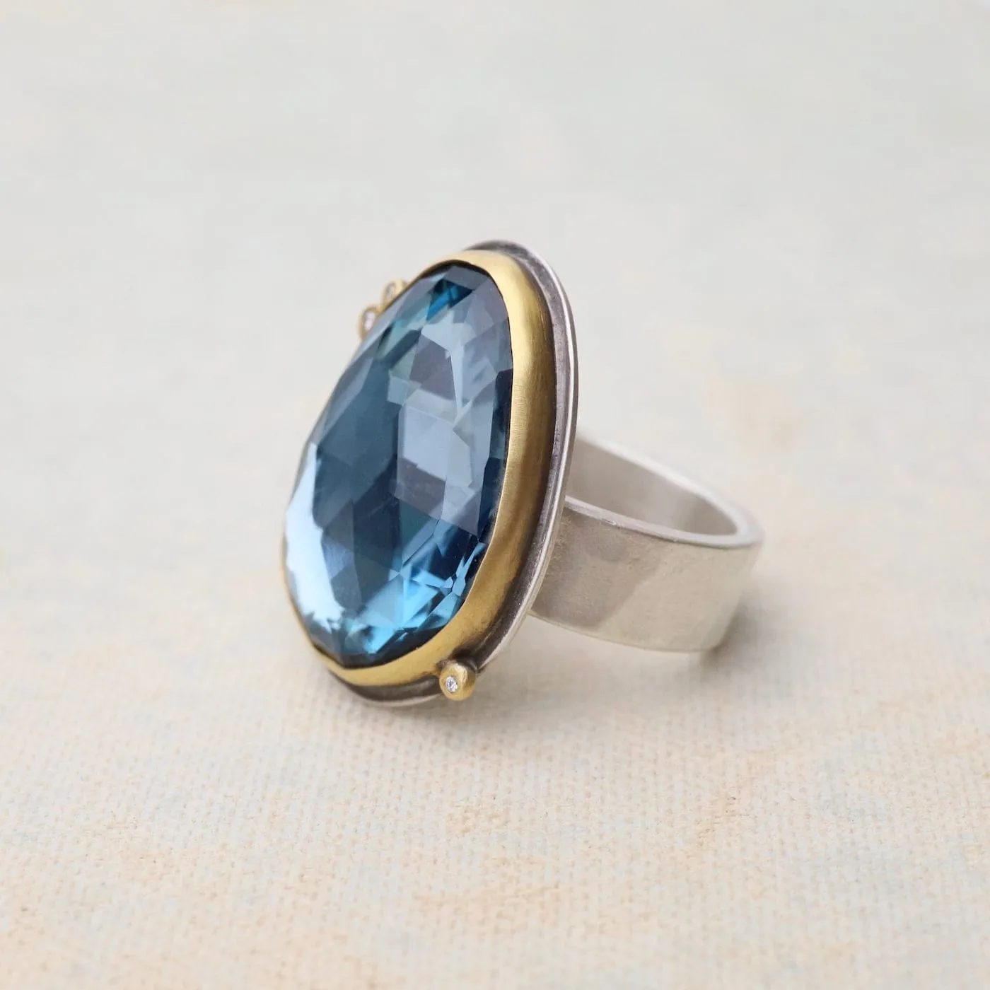 Bezel Set London Blue Topaz with Three Diamond Dot Ring