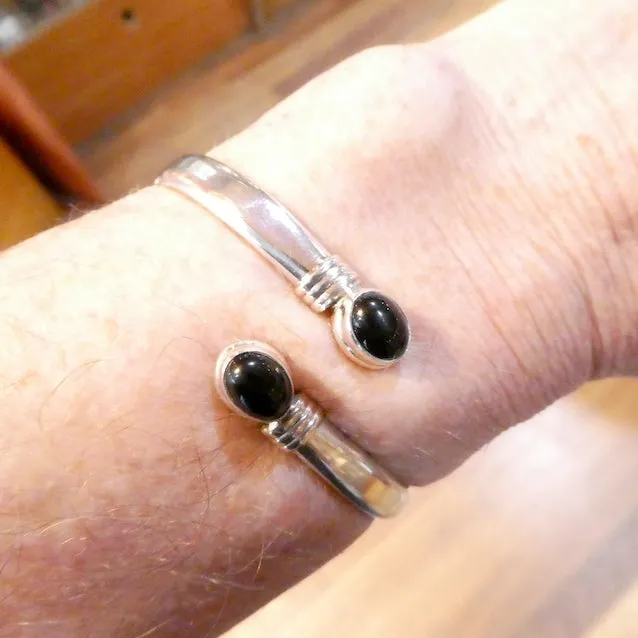 Black Onyx Cuff Bracelet Bangle, Oval Cabochons, 925 Sterling Silver
