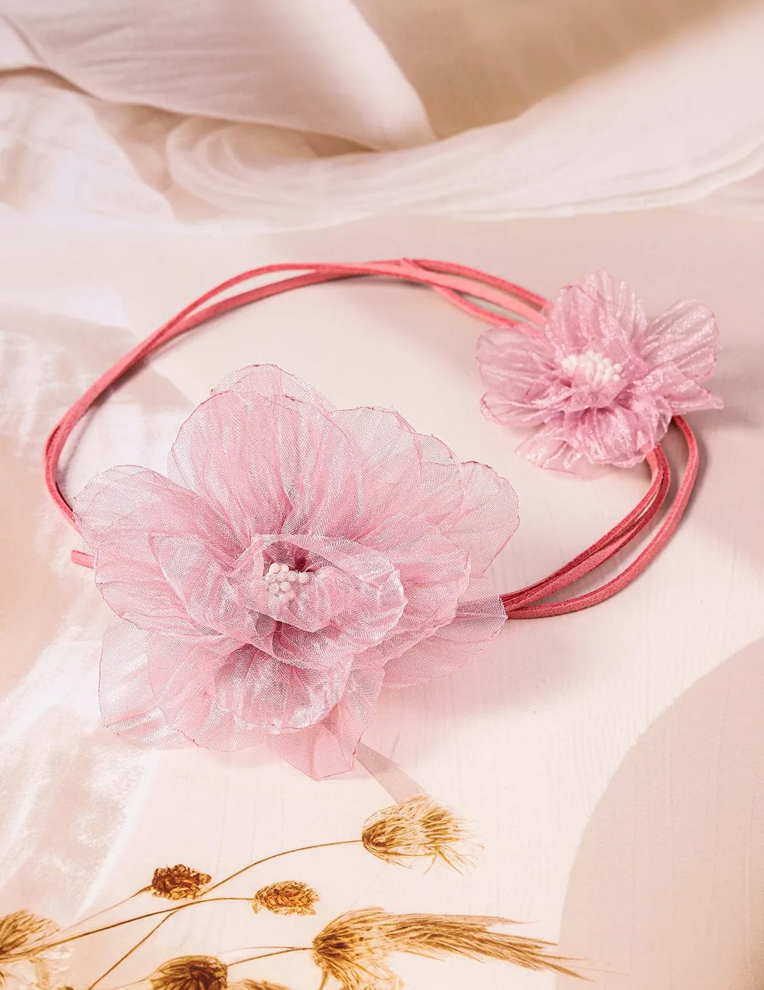 Charming Double Pink Floral Choker with Soft Rope Detailing - Stylish Statement Jewelry