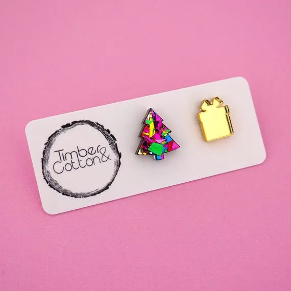 Christmas Tree & Present Acrylic Stud Earrings