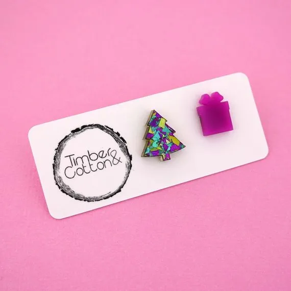 Christmas Tree & Present Acrylic Stud Earrings