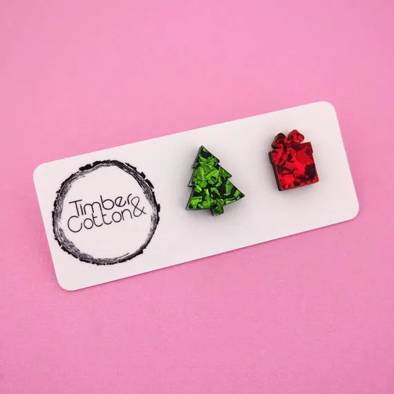 Christmas Tree & Present Acrylic Stud Earrings