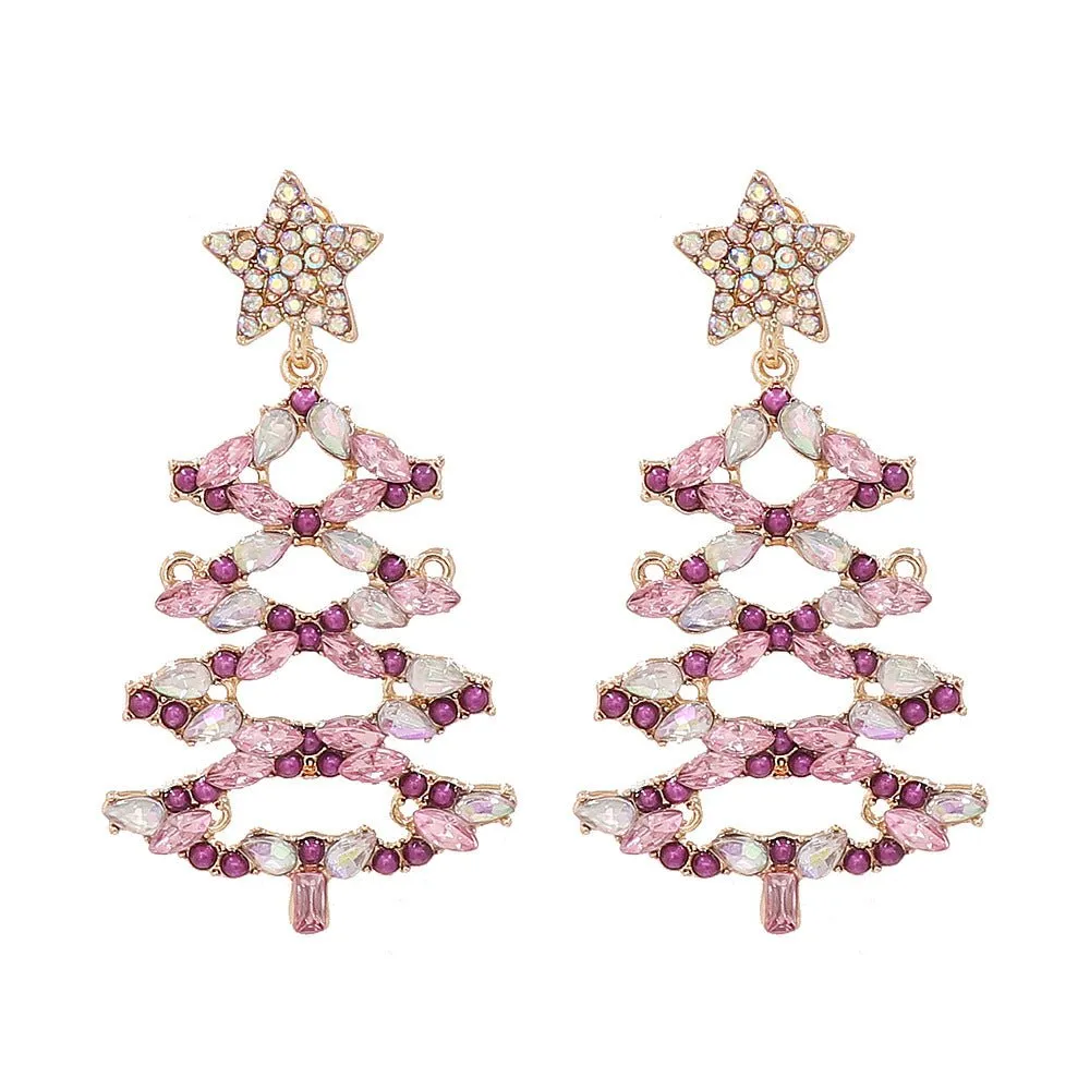 Christmas Tree Rhinestone Statement Dangle Earrings