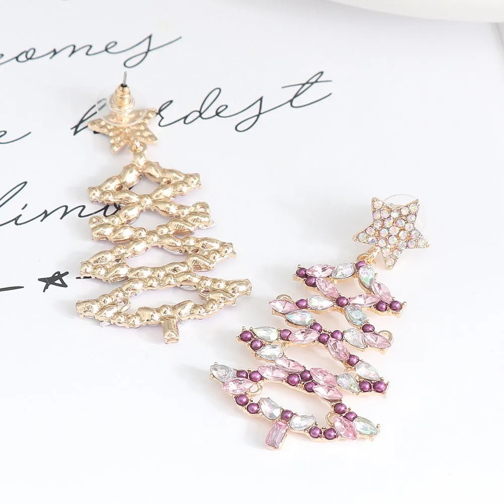 Christmas Tree Rhinestone Statement Dangle Earrings