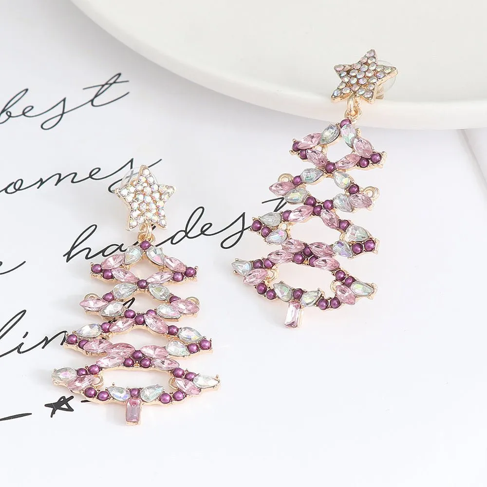 Christmas Tree Rhinestone Statement Dangle Earrings