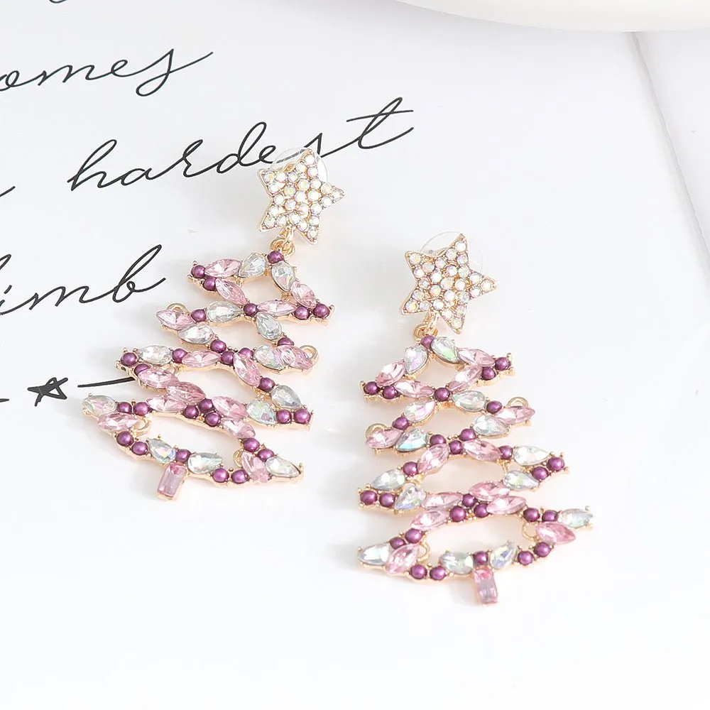 Christmas Tree Rhinestone Statement Dangle Earrings