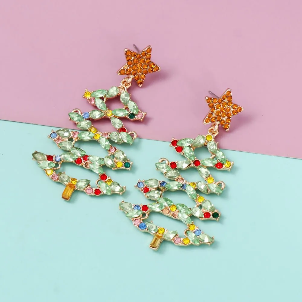 Christmas Tree Rhinestone Statement Dangle Earrings