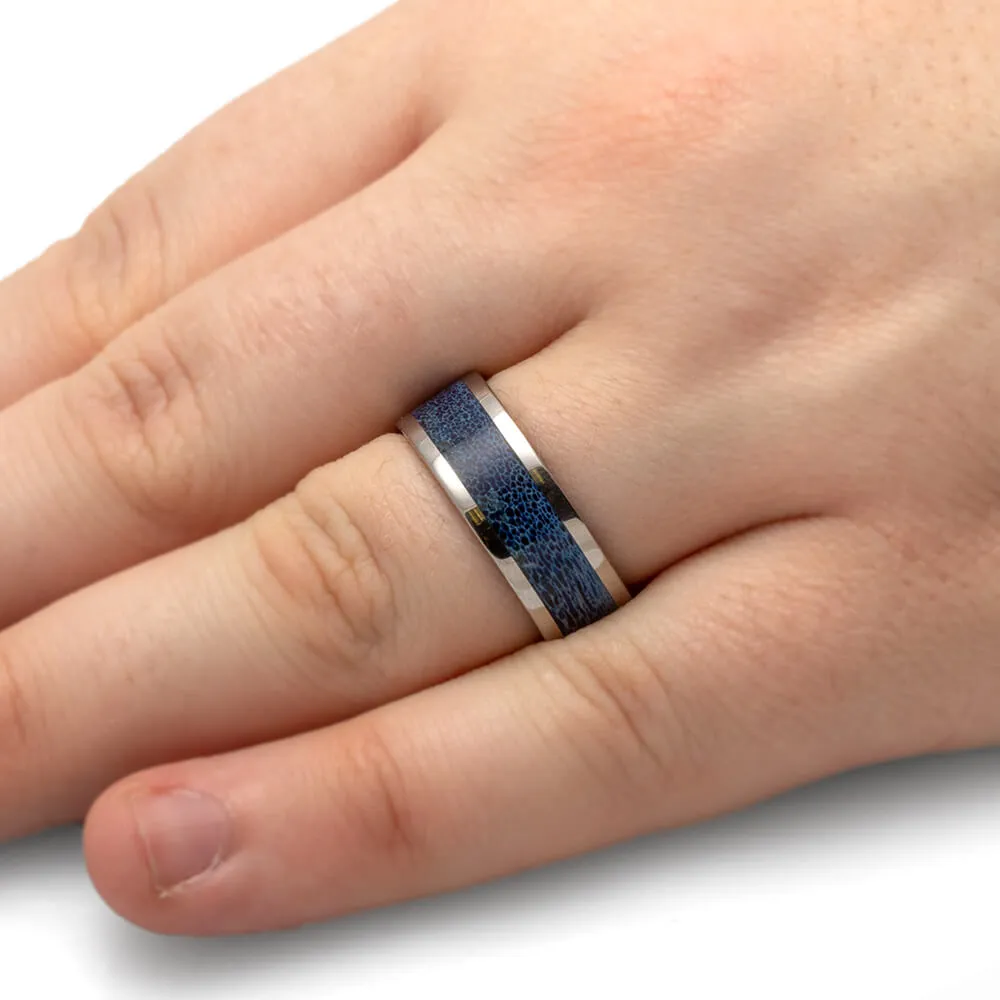 Colorful Titanium Ring with Blue Antler Inlay
