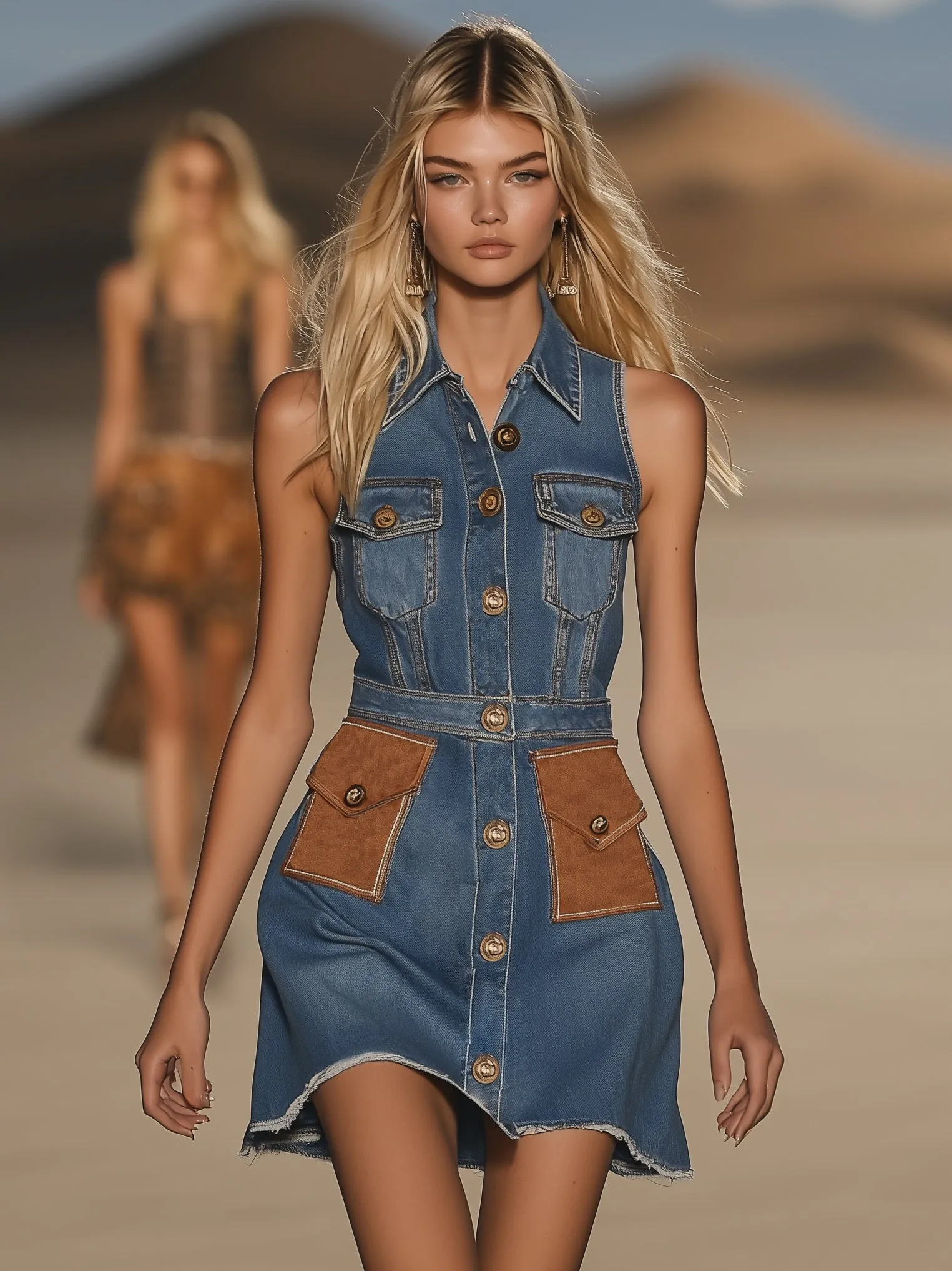 Cool Lapel Colorblock Pocket Denim Sleeveless Mini Dress