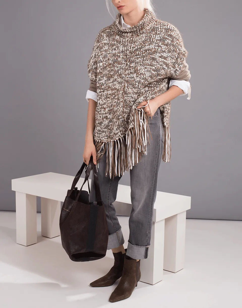 Cotton Fringe Turtleneck Poncho