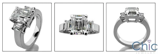 Cubic Zirconia 2 Carat Emerald Cut Baguette 3 Stone Cz Ring 14K White Gold
