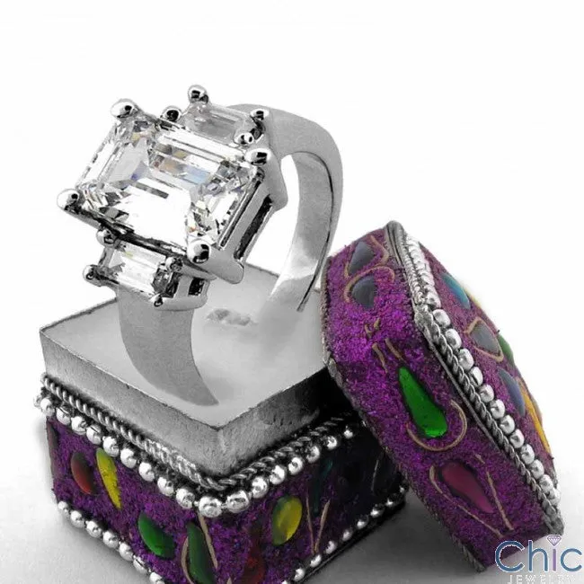 Cubic Zirconia 2 Carat Emerald Cut Baguette 3 Stone Cz Ring 14K White Gold