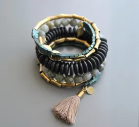 David Aubrey - Wrap Bracelet in Black, Green, and Gold
