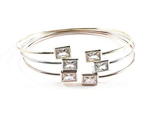 Elegant Tri Color 3 Piece Set Rectangular CZ Cuff Brass Bangle