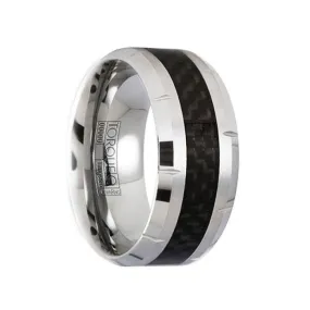 ENNIUS Polished Tungsten Carbide Wedding Ring with Carbon Fiber Inlay & Cut Motif - 10mm